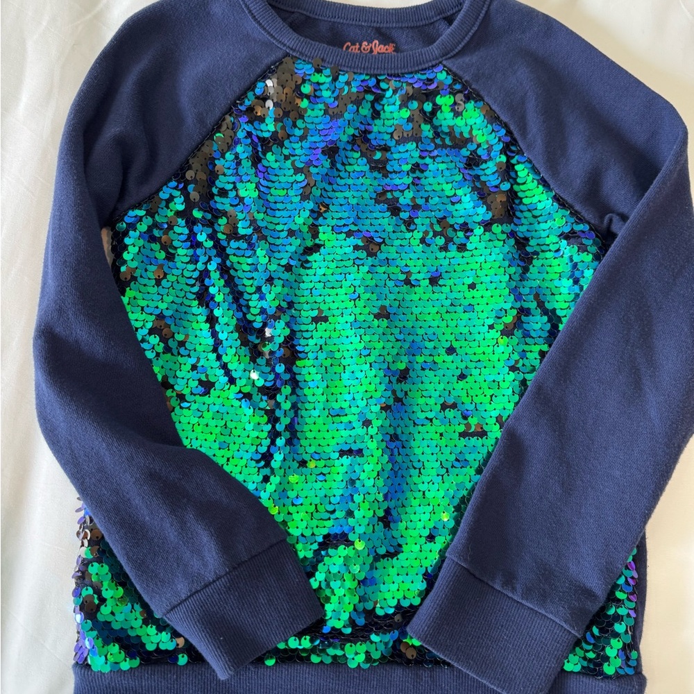 Cat & Jack Girls Flip Sequin Sweatshirt Size S 6/6X Blue Crewneck Long Sleeve